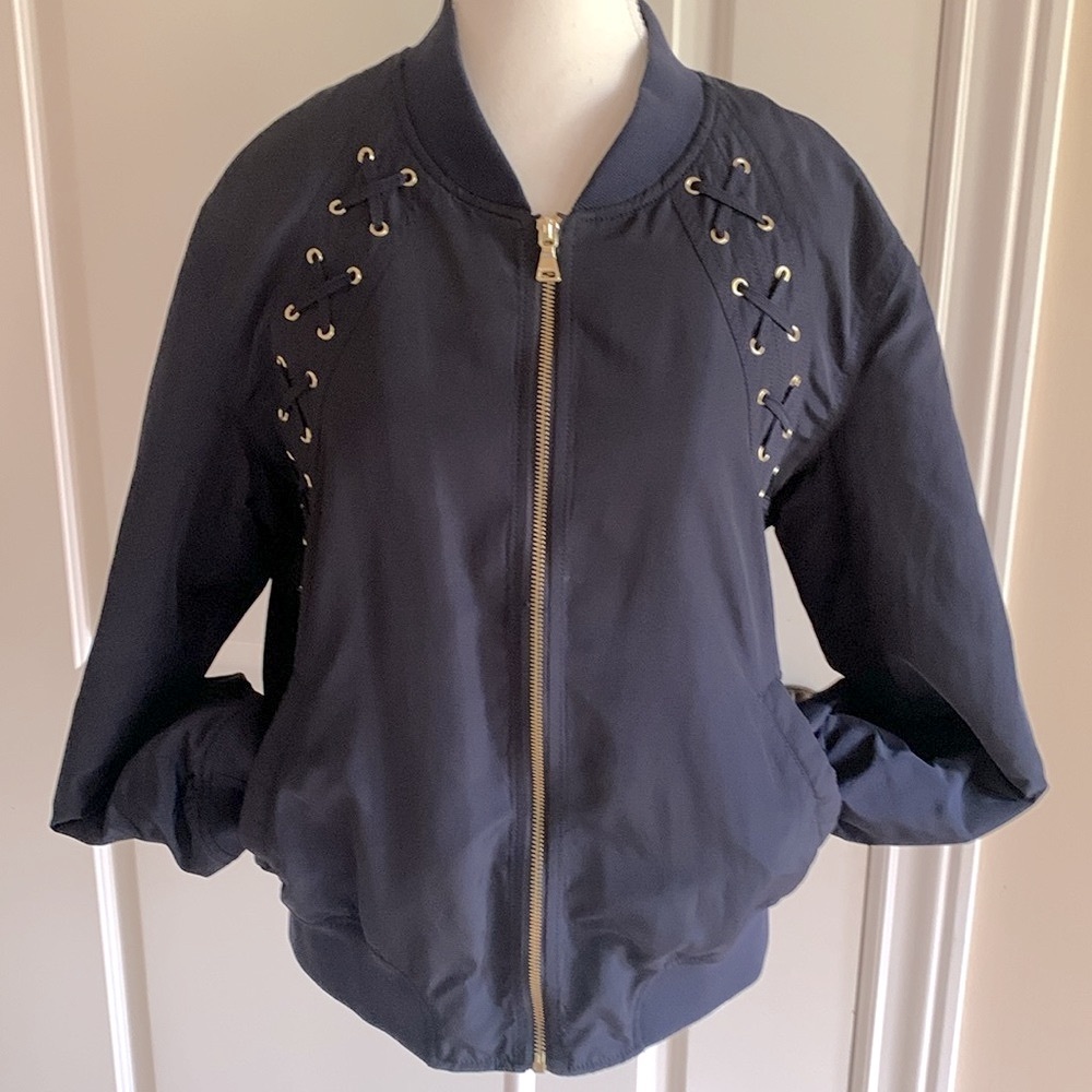 Express bomber jacket navy with gold zipper and lace-up  detail on shoulders